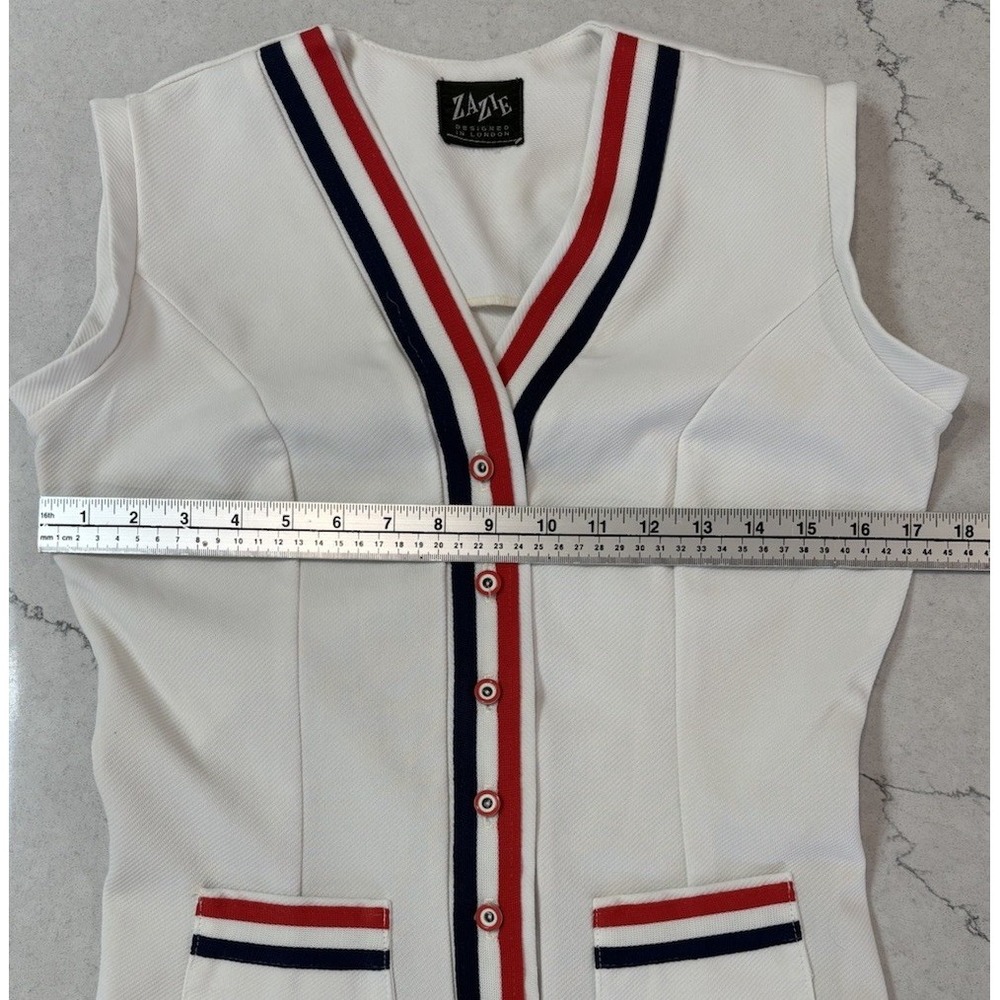 Vtg 70s Zazie London Mod Tennis Dress White Pleated Mini Red Blue XS S 17" P2P - Picture 8 of 11